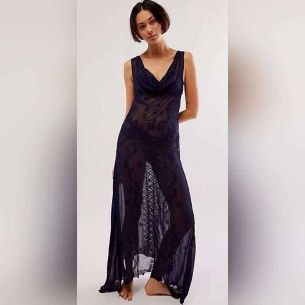 FREE PEOPLE Yours Truly Embroidered Slip Dress Starless Sky Navy Blue Size Large
